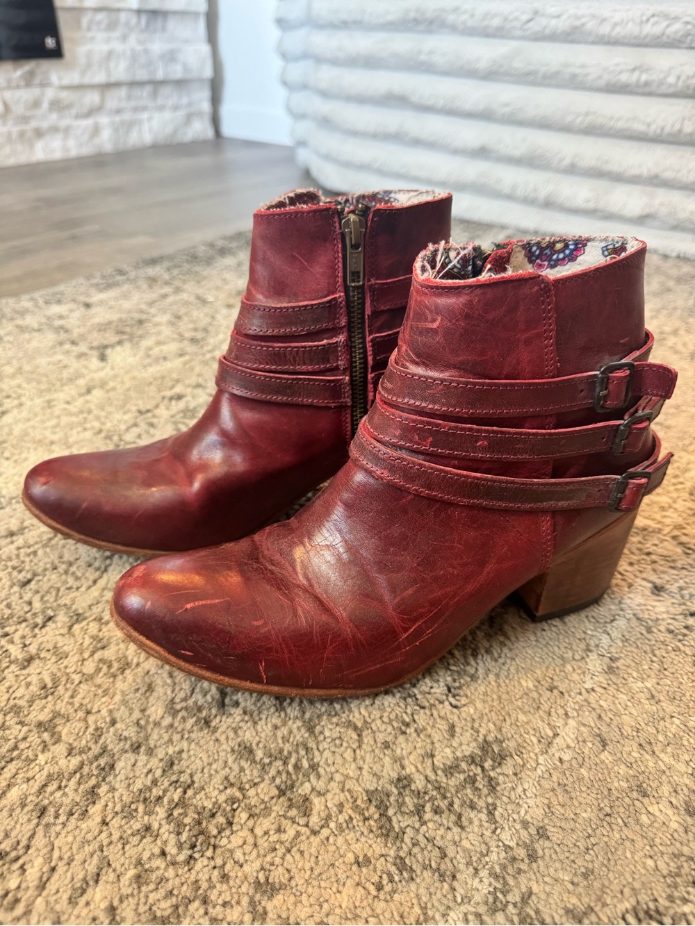 freebird Savor Distressed Red Leather Booties with Buckle Straps